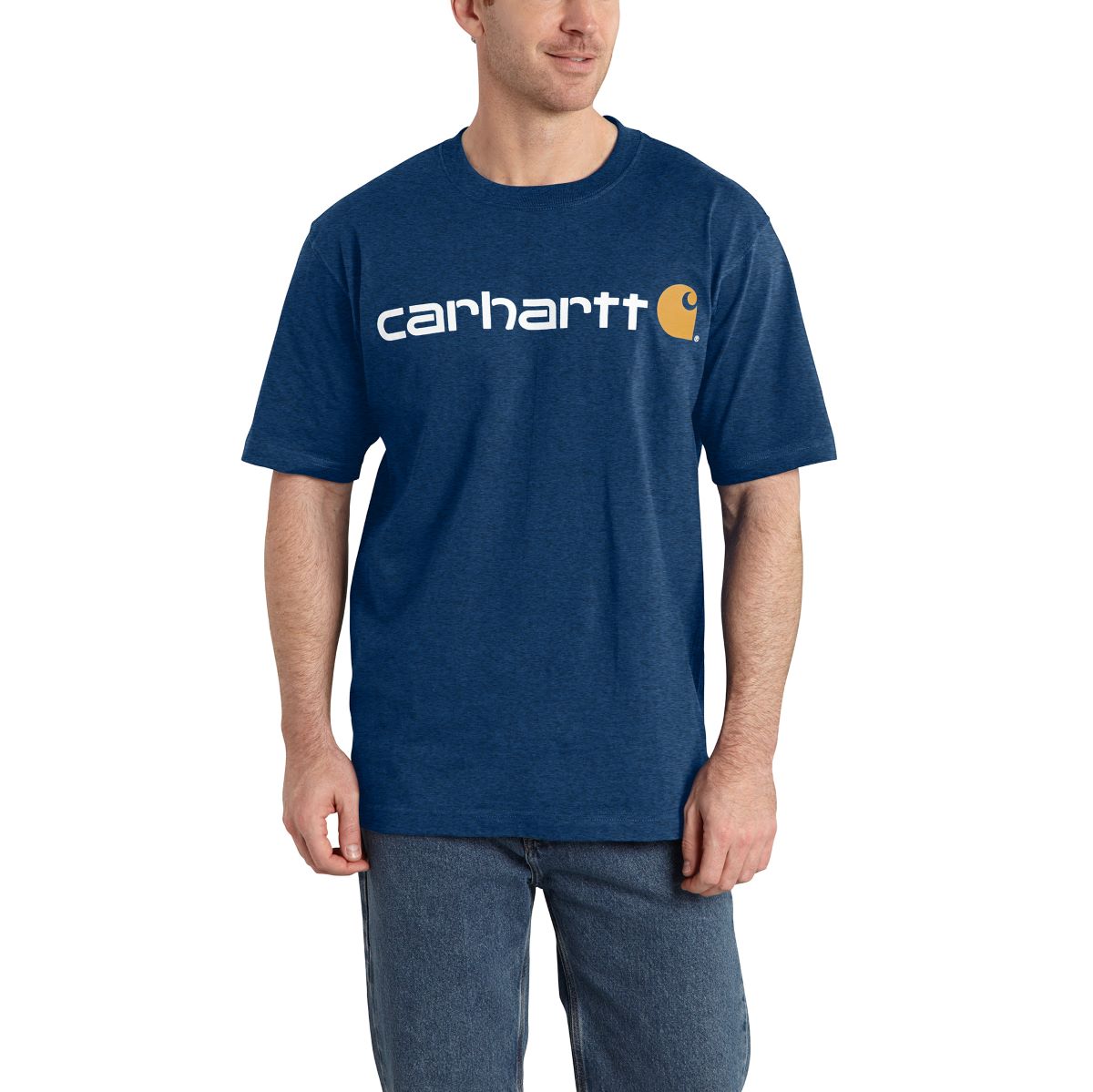 Carhartt Men's Heavyweight Dark Cobalt Blue Heather Logo Short - Sleeve T - Shirt