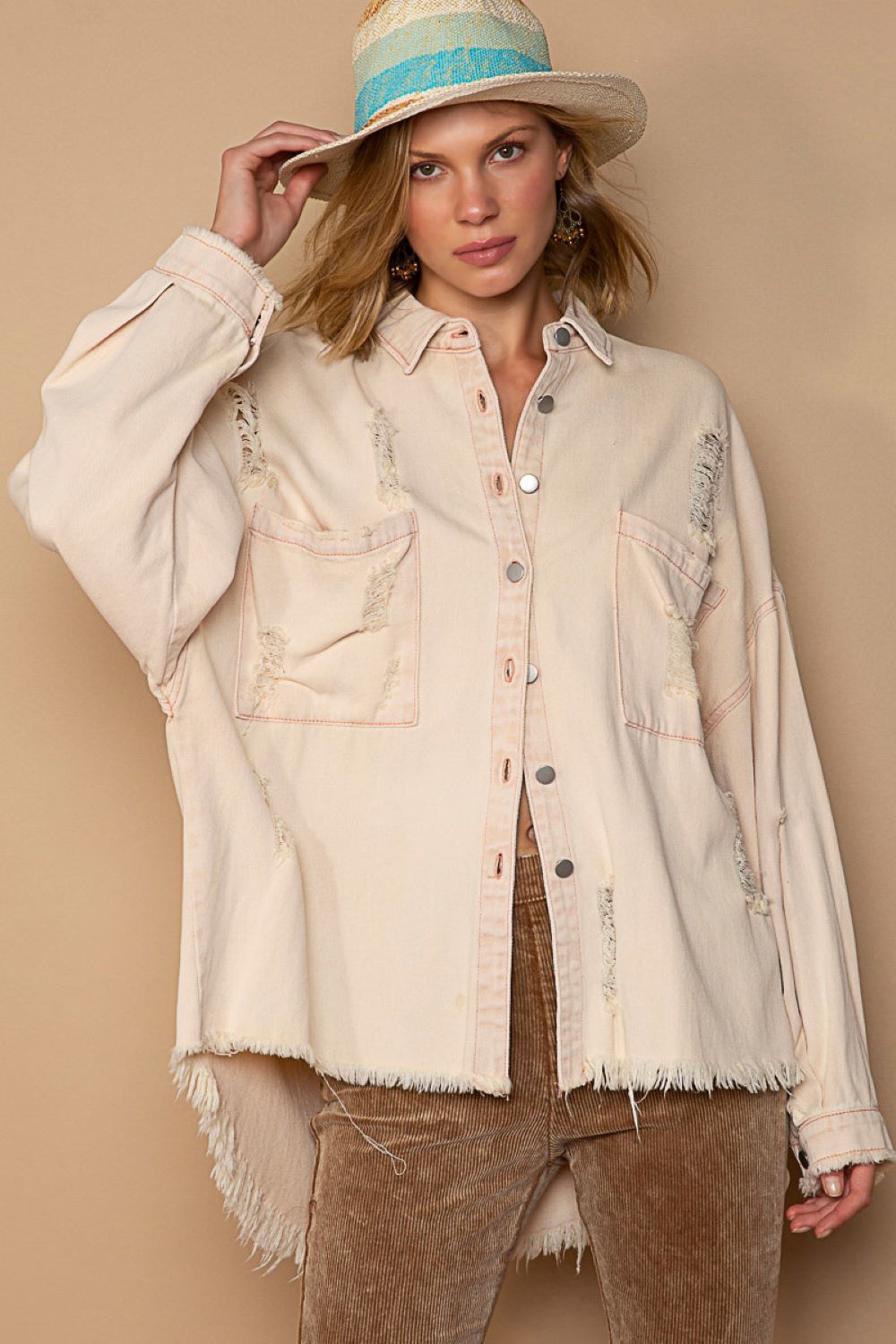 Fashionable Women's Oversized Pink Beige Shirt Jacket by POL Clothing Company