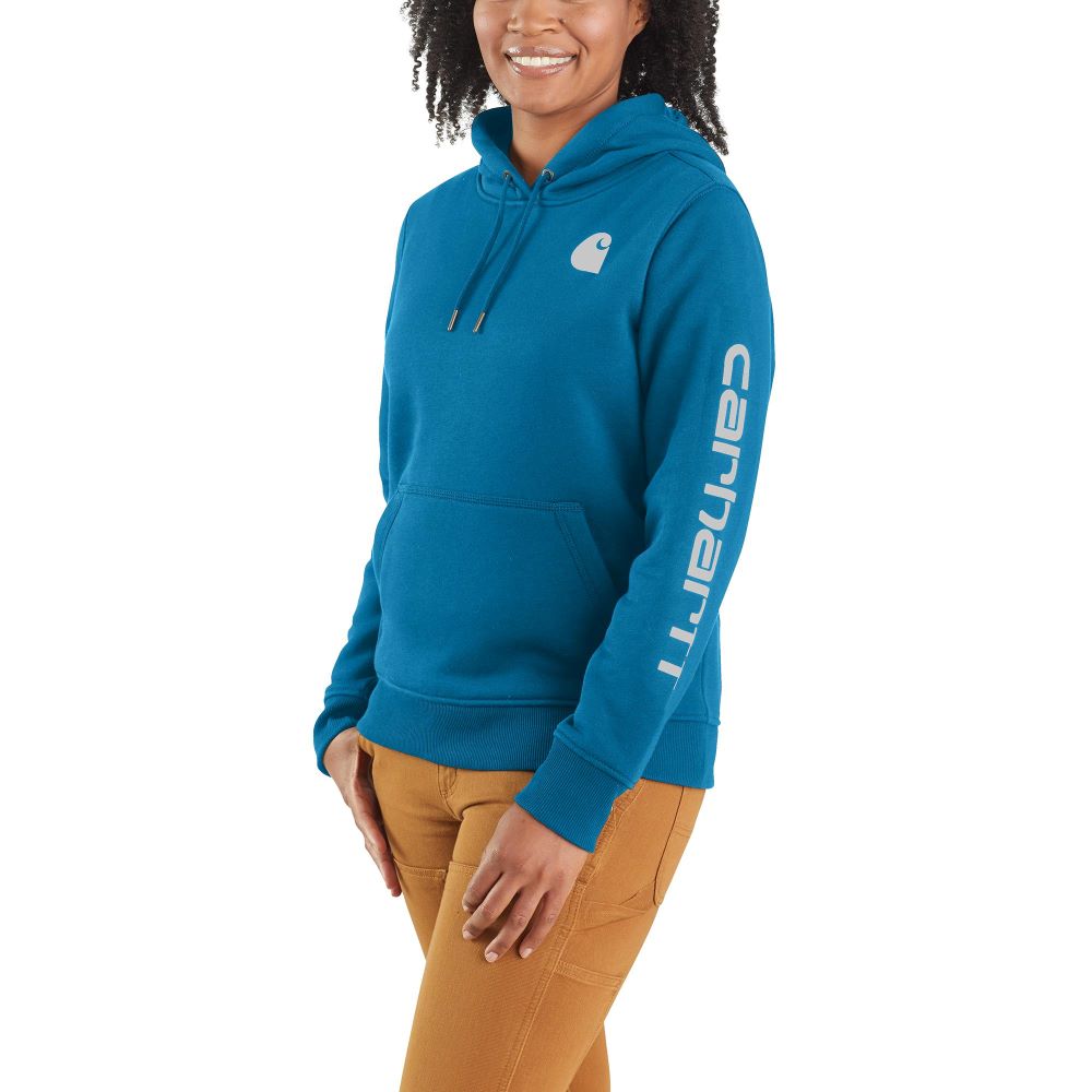 Carhartt Women's Fashionable Clarksburg Sleeve Logo Hooded Sweatshirt in Marine Blue