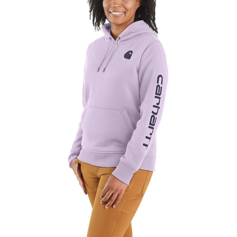 Carhartt Women's Amethyst Fog Clarksburg Logo Sleeve Graphic Comfort Hoodie