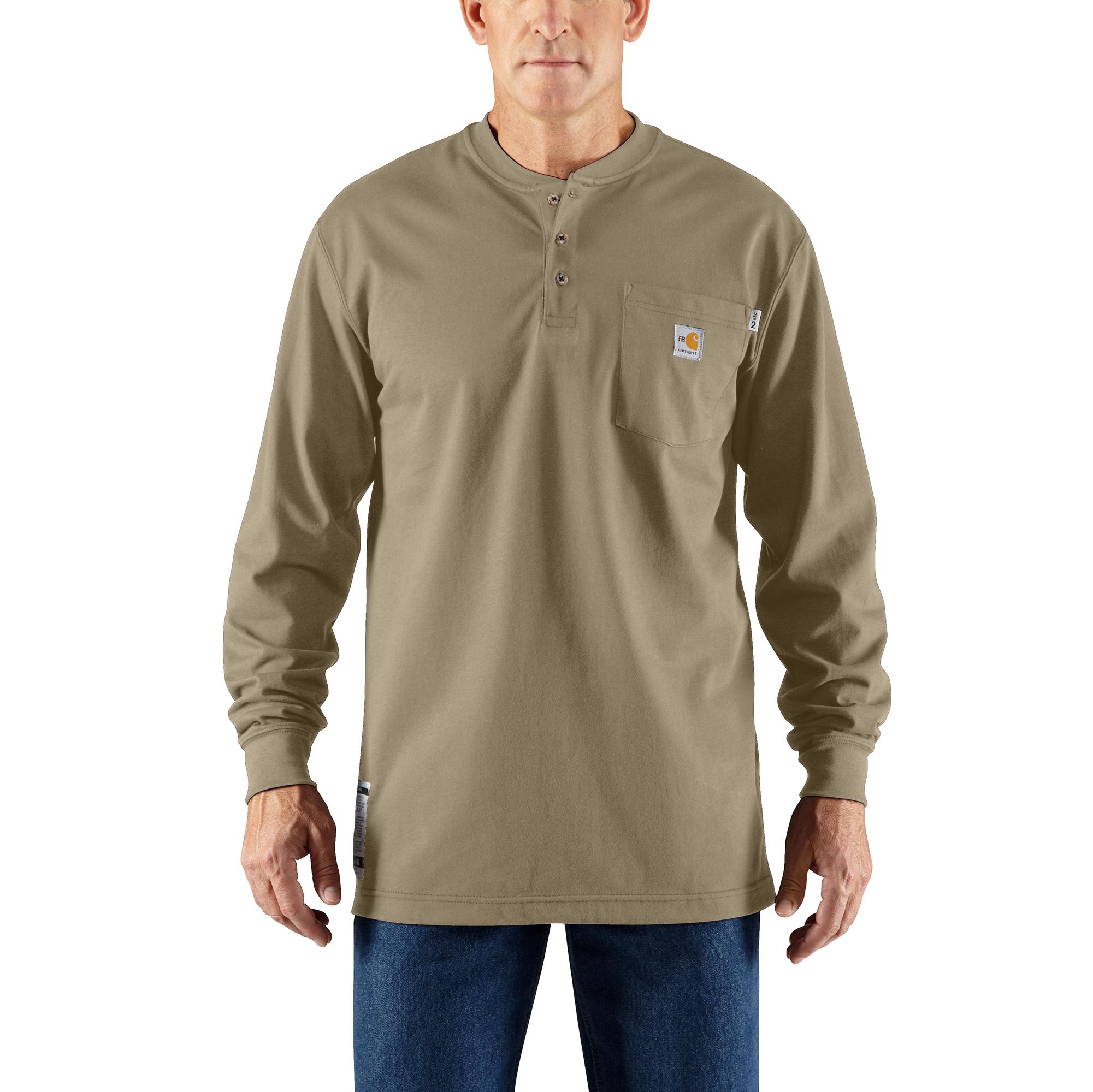 Carhartt Men's Flame-Resistant Long-Sleeve Cotton Henley Shirt in Khaki Color