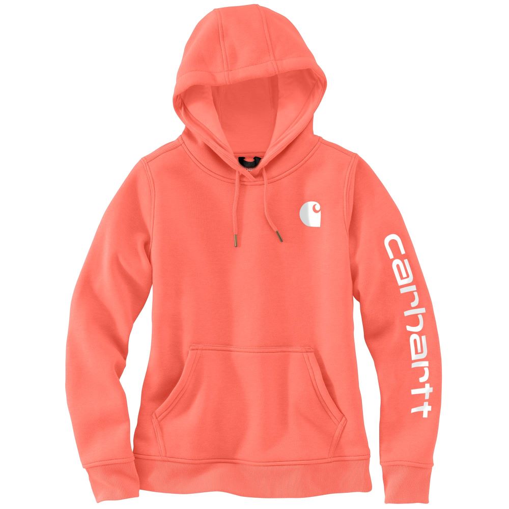 Carhartt Women's Fashionable Clarksburg Sleeve Logo Hoodie in Electric Coral Color