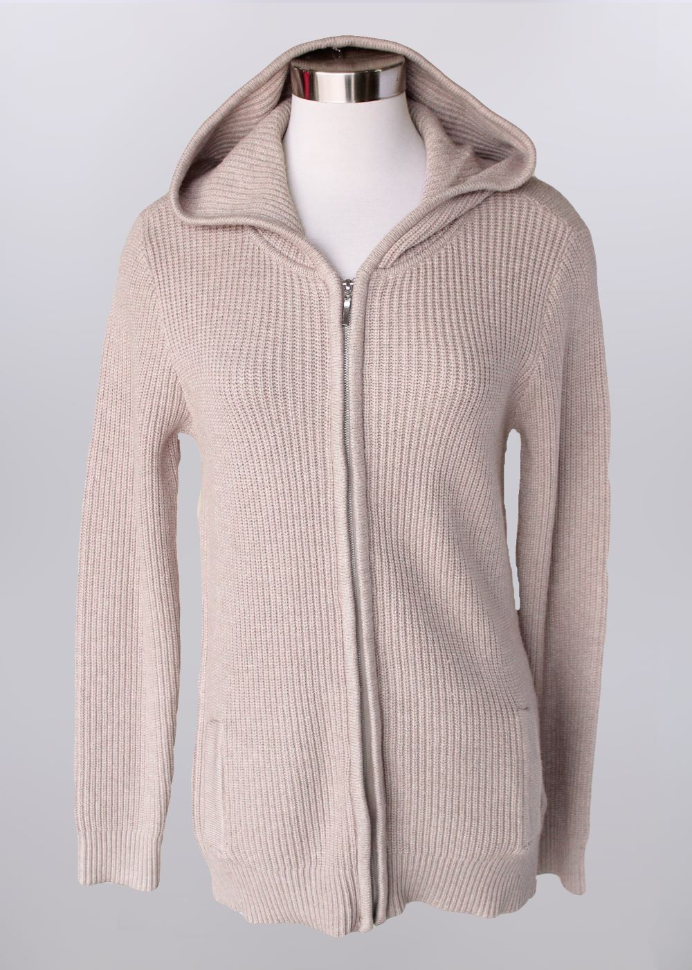 Stylish Khaki Women's Full-Zip Knit Hooded Sweater for All Seasons