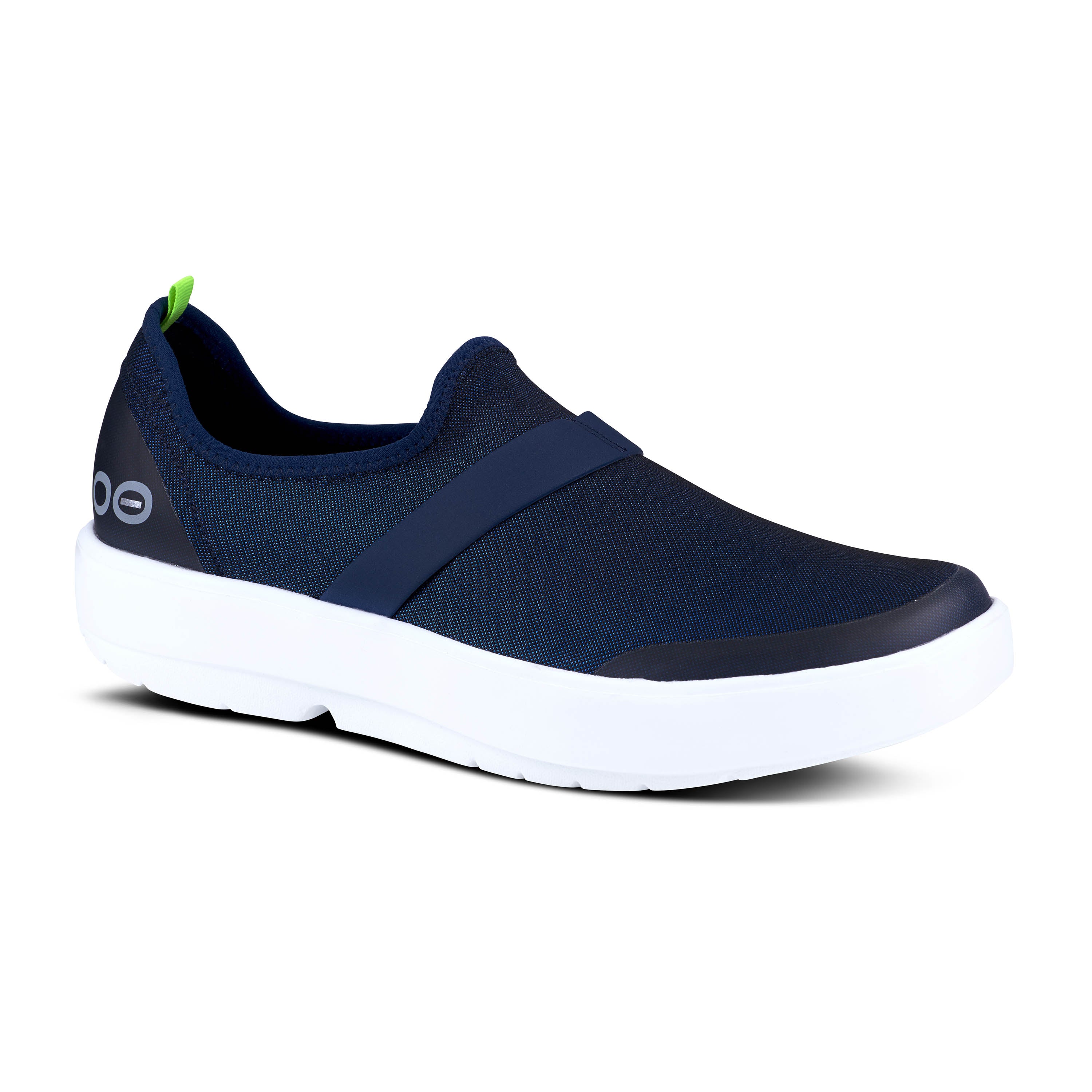 OOFOS Women's Casual Slip - On OOmg Fibre Low Shoes in White and Navy Color Scheme