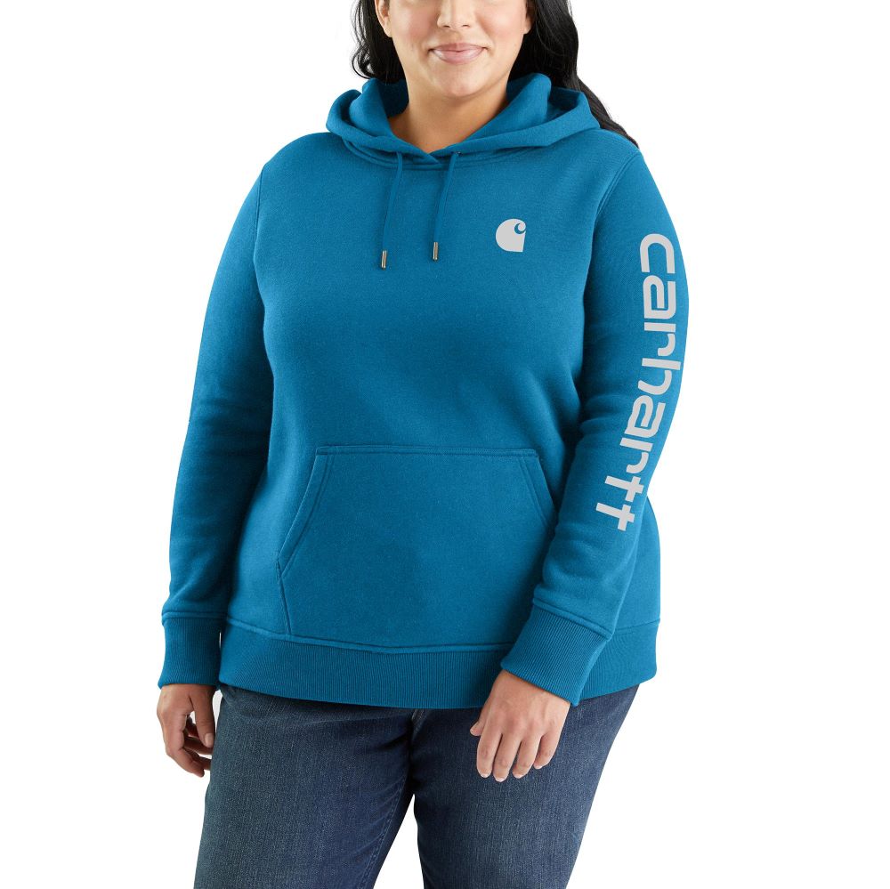 Carhartt Women's Fashionable Clarksburg Sleeve Logo Hooded Sweatshirt in Marine Blue
