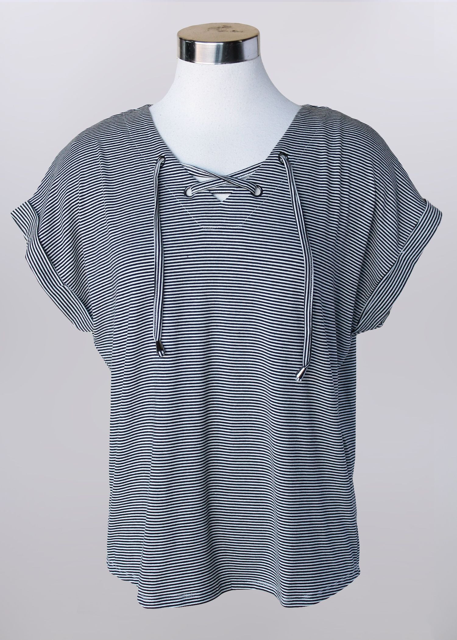 Stylish Women's Black and White Stripe Knit Short Sleeve Top by Keren Hart