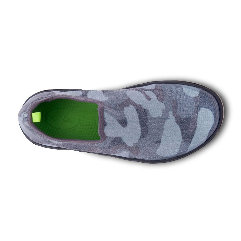 OOFOS Brand Women's Casual Low-Top OOmg eeZee Shoes in Black and Grey Camo Pattern
