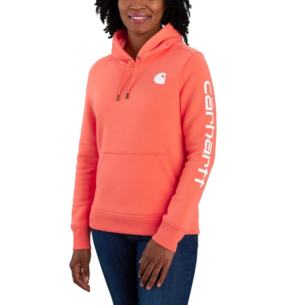 Carhartt Women's Fashionable Clarksburg Sleeve Logo Hoodie in Electric Coral Color