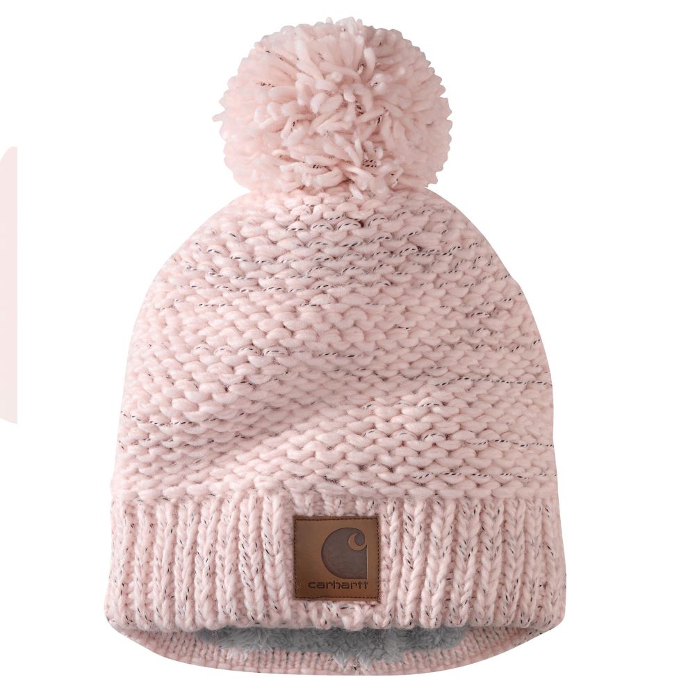 Carhartt Women's Pink Salt Sherpa-Lined Rib Knit Pom Pom Beanie