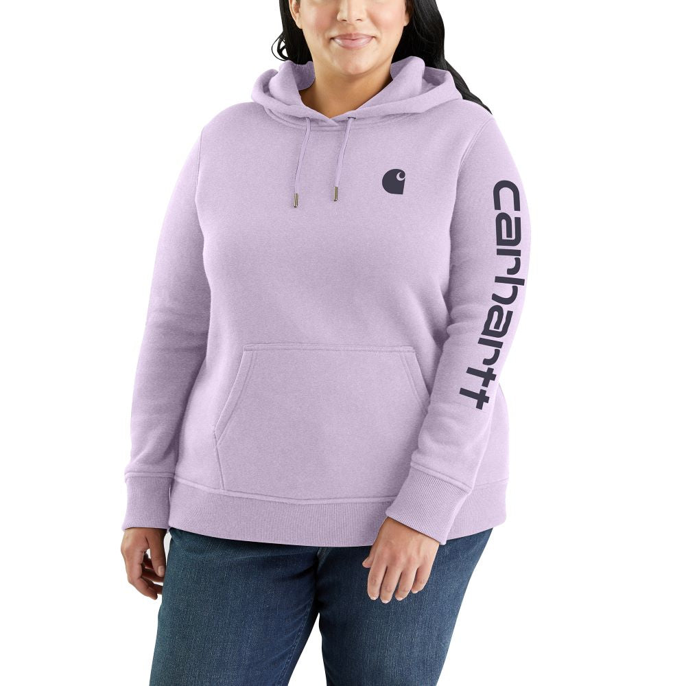 Carhartt Women's Amethyst Fog Clarksburg Logo Sleeve Graphic Comfort Hoodie
