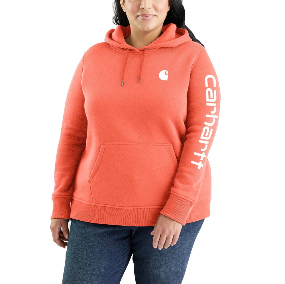 Carhartt Women's Fashionable Clarksburg Sleeve Logo Hoodie in Electric Coral Color