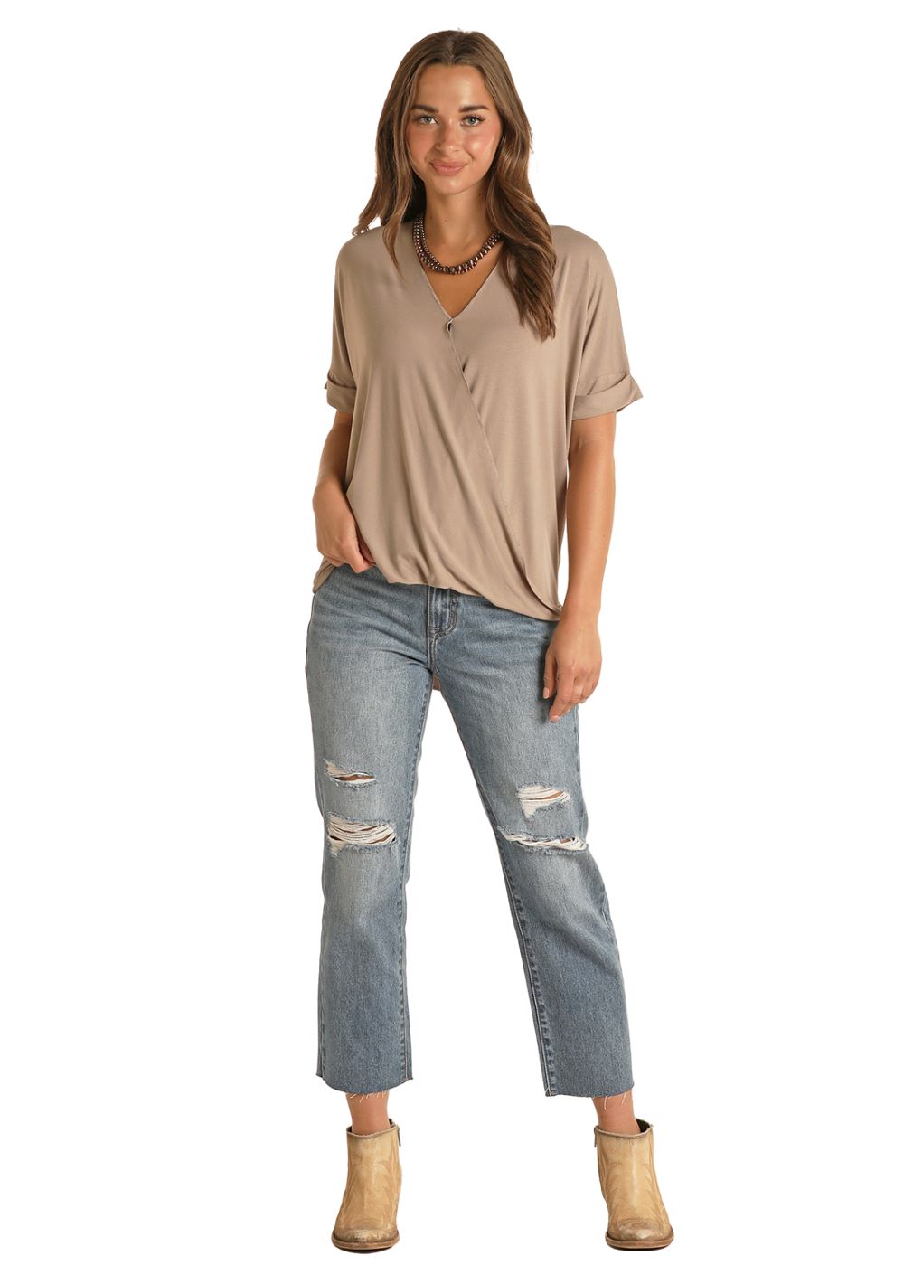 Tan Women's Breathable Solid Surplice Foldover Top from Panhandle