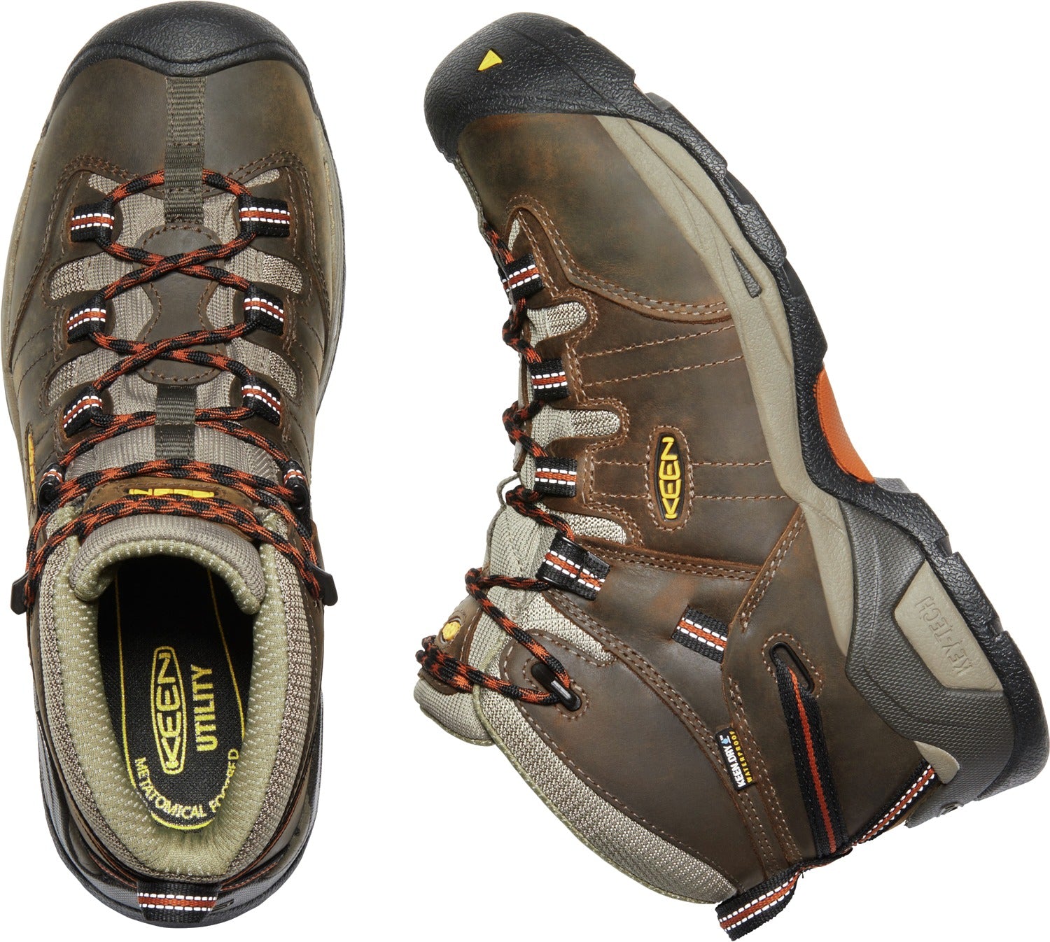 Keen Utility Men's Work Boots - Detroit XT Mid WP Soft Toe in Black Olive and Leather Brown Color Scheme