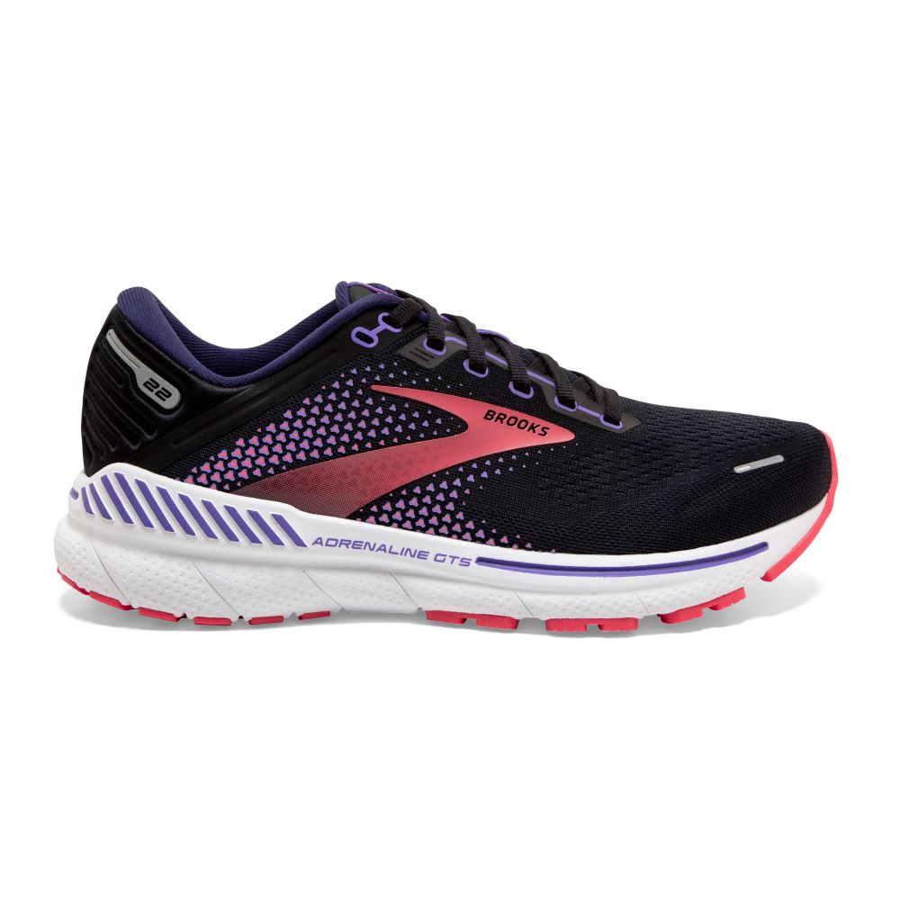 Brooks Brand Women's Road Running Shoes - Adrenaline GTS 22 in Black, Purple, and Coral Colors