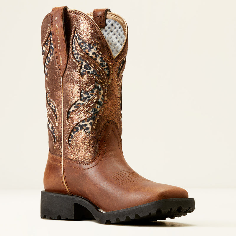 Ariat Women's Western Square Toe Unbridled Rancher VentTEK Boots in Hickory Smoke and Copper Metallic Color Scheme