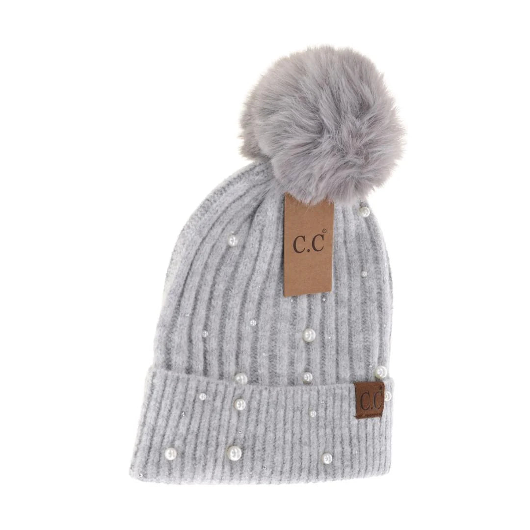 Stylish Women's Pearl - Decorated Pom-Pom Beanie in Light Grey from Cheveux Corp