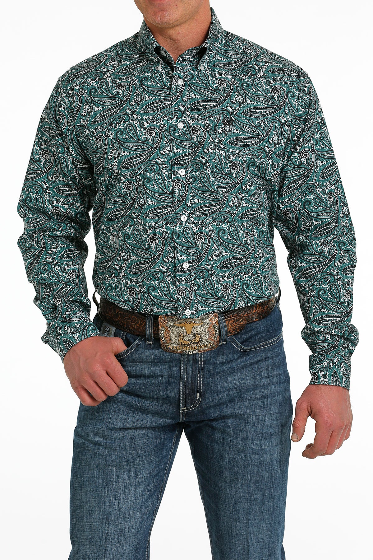 Teal Men's Classic Fit Button-Down Paisley Print Shirt by Cinch