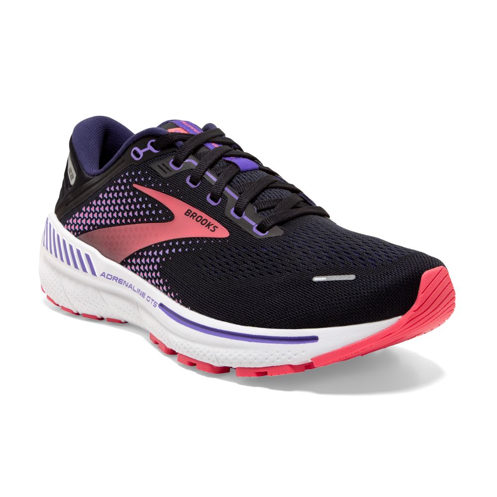 Brooks Brand Women's Road Running Shoes - Adrenaline GTS 22 in Black, Purple, and Coral Colors